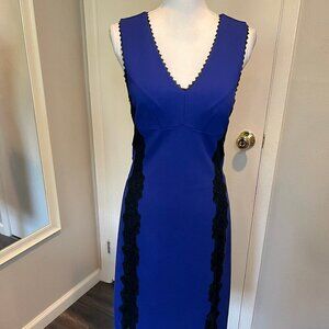 Rebecca Taylor Royal Blue with Black Lace Trim Sleeveless Midi Dress, Size 2